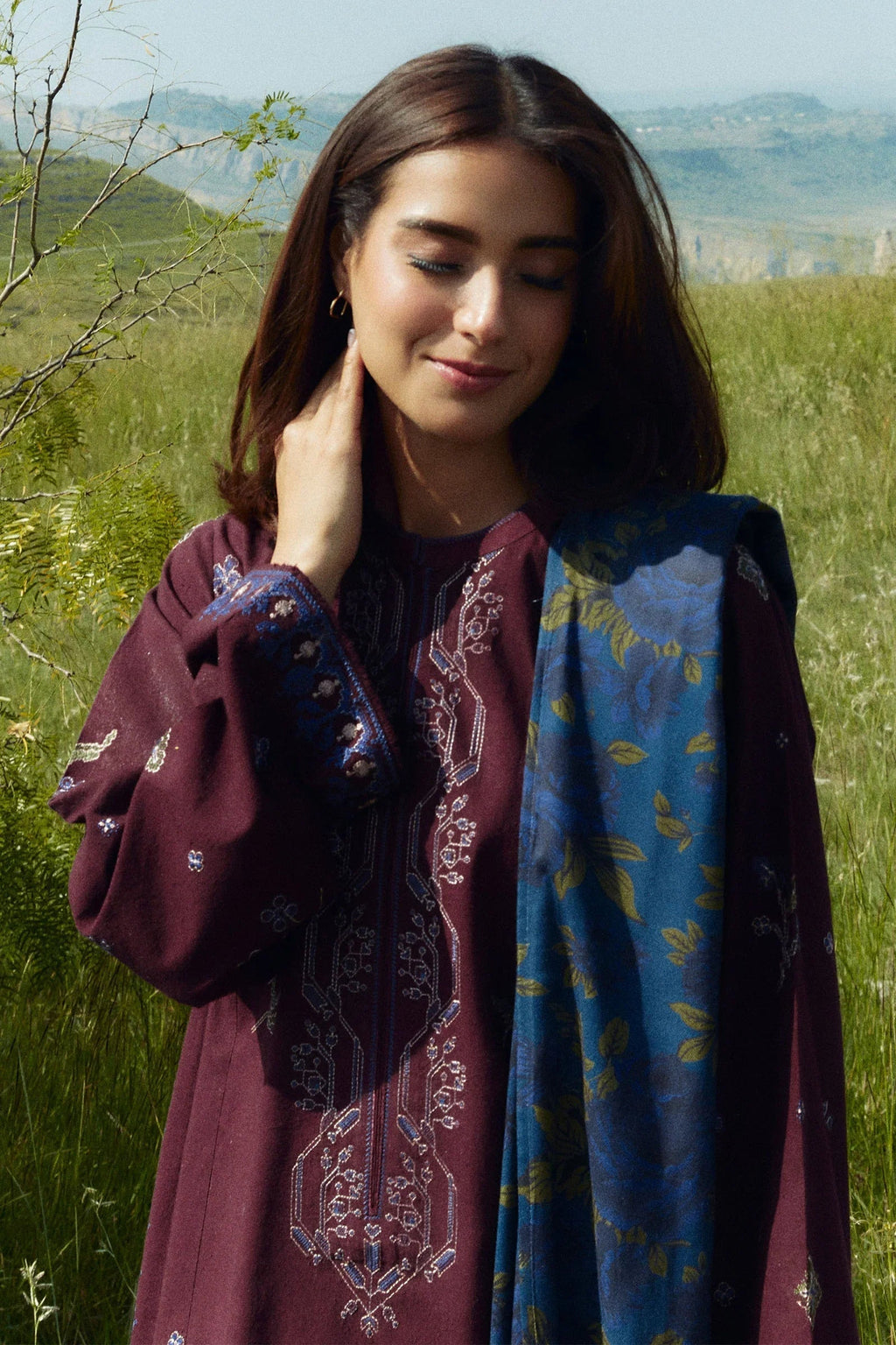 3PC Dhanak Embroidered Shirt With Digital Printed Shawl-274